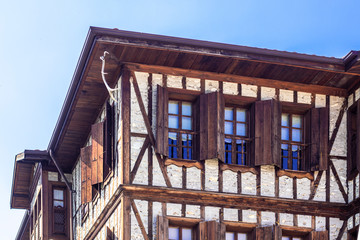 Perspective shoot of old traditional masonry wooden and stone mansion