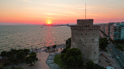 Aerial drone view of iconic historic landmark - old byzantine White Tower of Thessaloniki or...