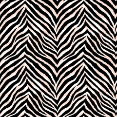 Seamless pattern with zigzag zebra fur print. Black, white, pale pink vector wallpaper. Exotic wild animalistic skin texture. © InnaPoka