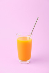 Two Orange Juice Glass with Metallic Steel Tubes