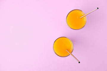 Two Orange Juice Glass with Metallic Steel Tubes