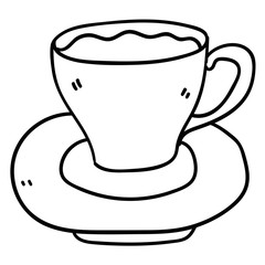Cartoon doodle linear tea cup and saucer isolated on white background. Vector illustration.   