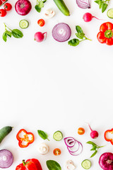 Frame of colorful vegetables on white background top view mock up