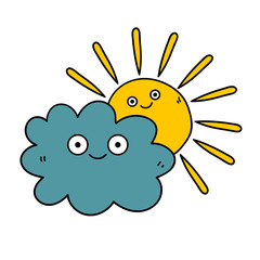 Cartoon doodle happy cloud and sun. Friendship. Weather logo. Vector illustration. 
