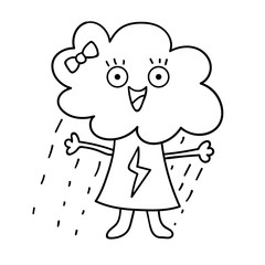 Cartoon doodle happy cloud with rain girl isolated on white background. Vector illustration. 