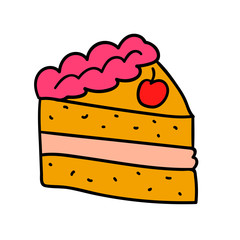 Doodle slice of cake with cherry isolated on white background. Vector illustration.   