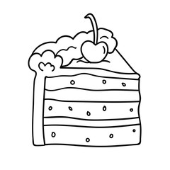 Doodle slice of chocolate cake with cherry isolated on white background. Vector illustration.   