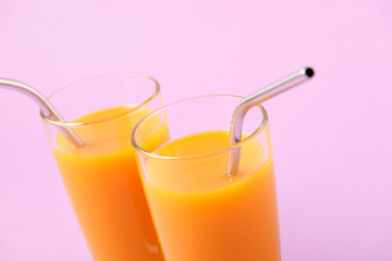 Two Orange Juice Glass with Metallic Steel Tubes