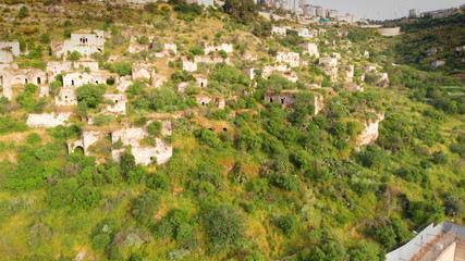 Flying over abandoned Palestinian Lifta Village  Aerial view of Lifta abandoned Palestinian Village...
