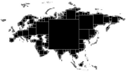 Black and white dotted map of Eurasia. Consisting of smoothly decreasing squares of the maximum size inscribed in the form. Isolated on white background.