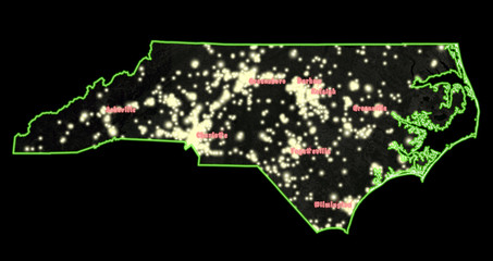 North Carolina Night Lights Map (Green, Labeled)