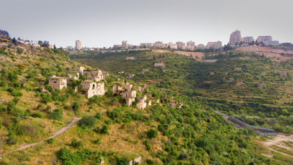 Flying over abandoned Palestinian Lifta Village  Aerial view of Lifta abandoned Palestinian Village...