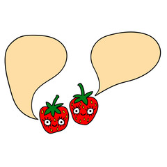 Cute cartoon doodle red strawberry character with speech bubble isolated on white background. Vector illustration.   