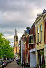 Architecture along the streets in the city of Delft in the Netherlands on a sunny day.