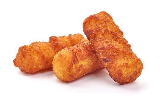Homemade potato croquettes, isolated on white background
