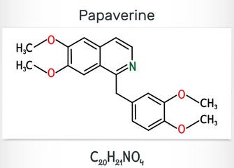 Obraz premium Papaverine molecule. It is opium alkaloid antispasmodic drug. Structural chemical formula