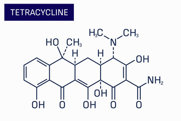 Tetracycline skeletal structure – a broad spectrum antibiotic drug. Vector illustration of chemical formula C22H24N2O8.