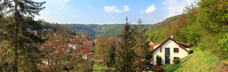 Fototapeta na wymiar Beautiful countryside near Prague, Czech Republic. The hills covered with forests and the village with red roofs. Panoramic landscape. 