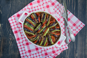 Ratatouille is a traditional French vegetable dish cooked in the oven. Diet vegetarian food -...