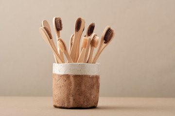 Wooden Eco Toothbrush in Brown Ceramic Cup. Zero waste 