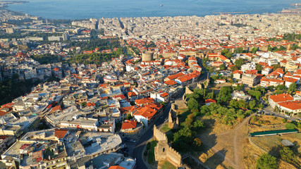 Aerial drone photo of iconic byzantine Eptapyrgio or Yedi Kule medieval fortress overlooking city...
