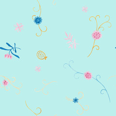 Delicate modern illustration plate decoration. Tea rose and clematis natural petals. Varicolored feminine fabric design. Renaissance flower art. Floral seamless pattern for Mediterranean decor