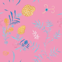Fototapeten Chrysanthemum modern illustration plate decoration. Tea rose and clematis natural petals. Varicolored feminine fabric design. Renaissance flower art. Floral seamless pattern for Mediterranean decor © Design Couple