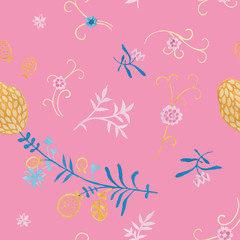 Chrysanthemum modern illustration plate decoration. Tea rose and clematis natural petals. Varicolored feminine fabric design. Renaissance flower art. Floral seamless pattern for Mediterranean decor