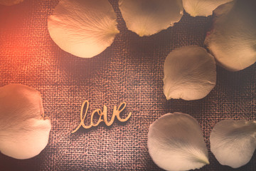 LOVE, Dekoration mit Blütenblättern einer weißen Rose