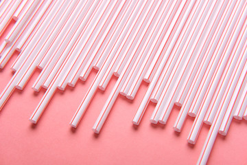 Plastic Drinking Straw Isolated on Pink Background Flat Lay Top View