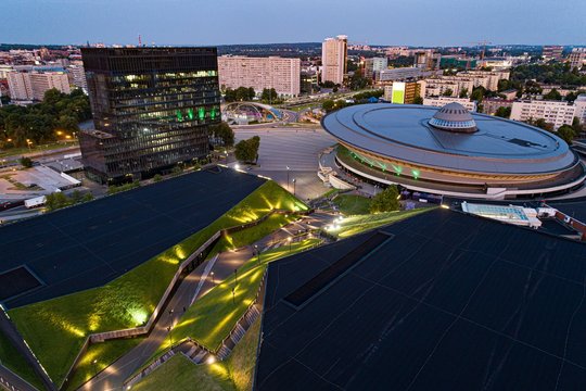 Drone aerial view on Katowice - capital of Polish Silesia voivodeship.