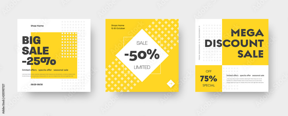Poster Vector square web banner templates for big and mega sale with yellow square elements.