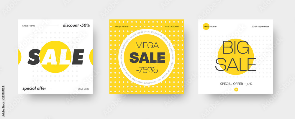 Poster set of vector square web banners for big sale with round yellow and white elements.