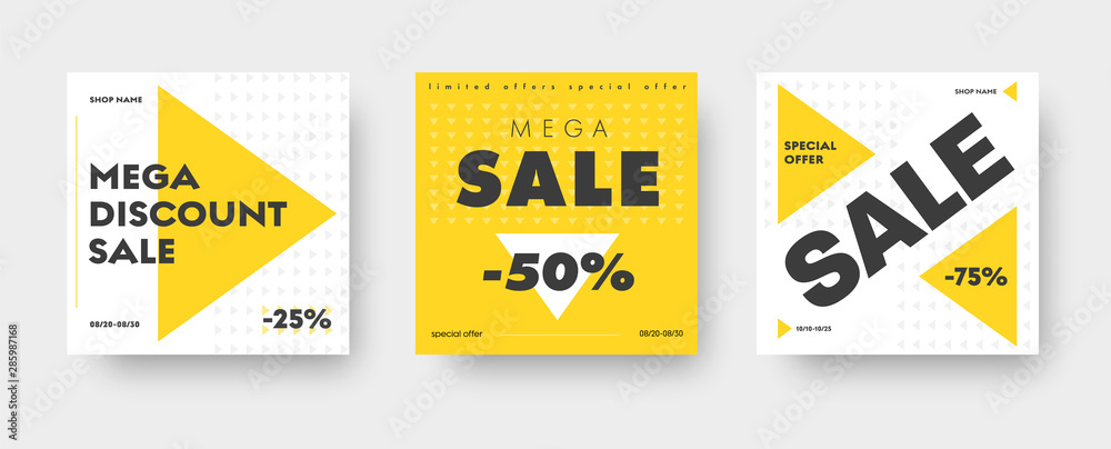 Poster square white and yellow web banner templates for big sale with triangles and discounts.