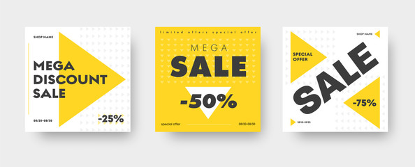 Square white and yellow web banner templates for big sale with triangles and discounts.