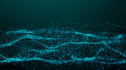 Wave of glowing dots on dark background. Abstract digital background. Technology illustration. 3d rendering.