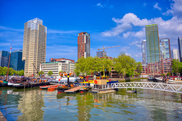 Fototapeta premium The canals and waterways in the city of Rotterdam, the Netherlands.