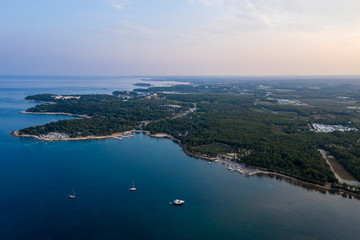 Sunrise over the coast of Istria, Croatia. The view from the top. Copy space.