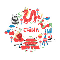 Hand drawn set of China signs with main sightseeings, famous places or tourist sights. Best design for touristic travel guide, poster, flyer or other apparel design.