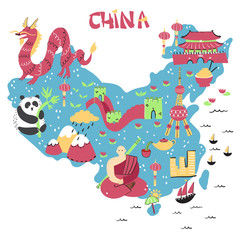 Hand drawn map of China with main sightseeings, famous places or tourist sights. Best design for touristic travel guide, poster, flyer or other apparel design.