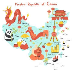 Obraz premium Hand drawn map of People's Republic of China with main sightseeings, famous places or tourist sights. Best design for touristic travel guide, poster, flyer or other apparel design.
