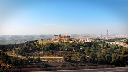 Fototapeta premium Prophet Nebi samuel national park Aerial View Daylight drone shot of nebi samuel national park near Jerusalem