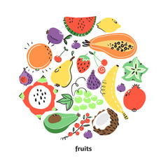 Hand drawn fruits set. Healthy meal, diet, nutrition or lifestyle. Organic food restaurant and support farmers market concept. Fruits in round composition for your design.