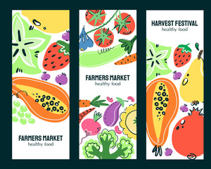Vegetables and fruits food hand drawn banner set. Healthy meal, diet or nutrition. Organic food restaurant and support farmers market concept. Fresh food illustrations with text area.