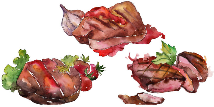 Grilled steak tasty food in a watercolor style set. Aquarelle food illustration for background. Isolated steak element.