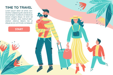 Family traveling together with luggage. Mother, father and children go on vacation on vector colorful banner. Parents with children have fun together.