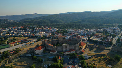 Obraz premium Aerial drone photo of iconic byzantine Eptapyrgio or Yedi Kule medieval fortress overlooking city of Salonica or Thessaloniki, North Greece