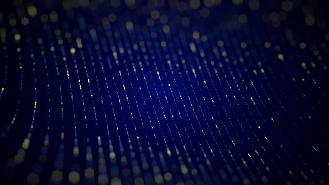 Abstract background with animation of technology data transfer in optical fibers or different abstract cables as glow lines and glow particles. Animation of seamless loop.