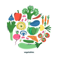Hand drawn vegetables set. Healthy meal, diet, nutrition or lifestyle. Organic food restaurant and support farmers market concept. Vegetables in round composition for your design.