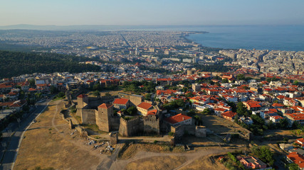 Aerial drone photo of iconic byzantine Eptapyrgio or Yedi Kule medieval fortress overlooking city of Salonica or Thessaloniki, North Greece